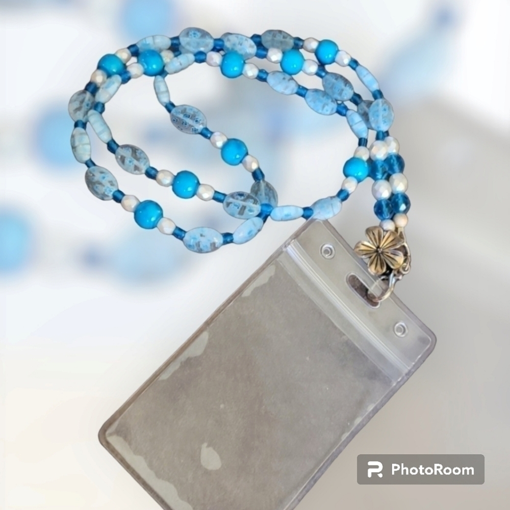 HANDMADE Aqua Floral Millefiori Glass Beaded Lanyard